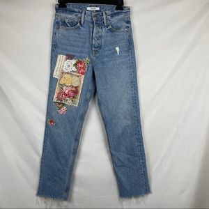 GRLFRND SHR HELENA floral patched raw hem jeans button fly 24